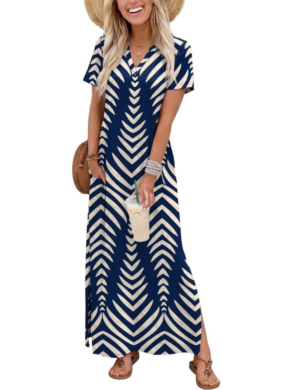 〽️Navy Striped Maxi Sundress Women's V Neck Short Sleeve Beach Vacation